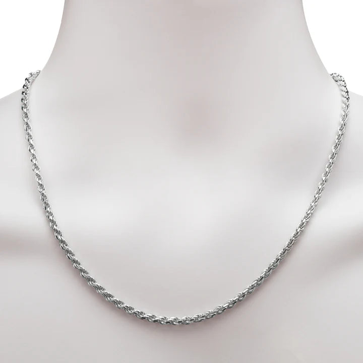 Sterling Silver 2.25mm Shiny-Cut Rope Chain Necklace For Men.