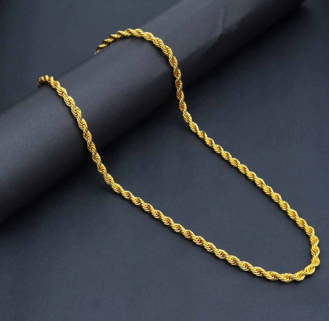 Sterling Golden 2.25mm Shiny-Cut Rope Chain Necklace For Men.